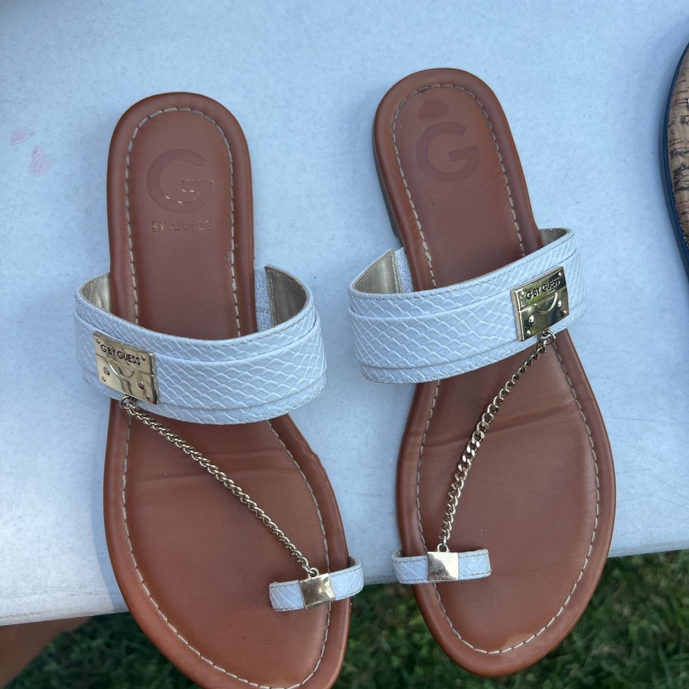 Guess White and Brown Sandals with Gold Accents